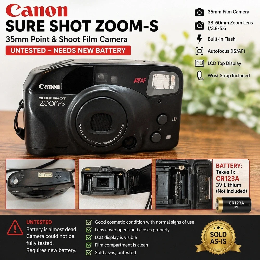 Canon Sure Shot Zoom-S 35mm Point & Shoot Film Camera 38-60mm Lens Black